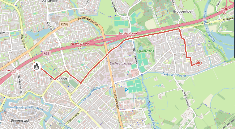 Kaart van de omgeving van de melding, met de kazerne die is gealarmeerd