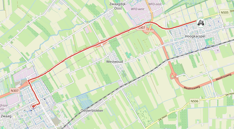 Kaart van de omgeving van de melding, met de kazerne die is gealarmeerd