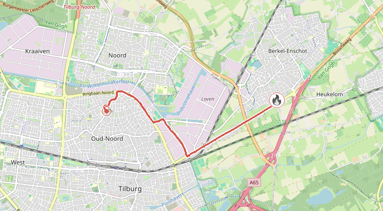 Kaart van de omgeving van de melding, met de kazerne die is gealarmeerd