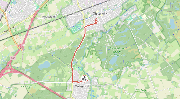 Kaart van de omgeving van de melding, met de kazerne die is gealarmeerd