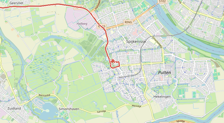 Kaart van de omgeving van de melding, met de kazerne die is gealarmeerd