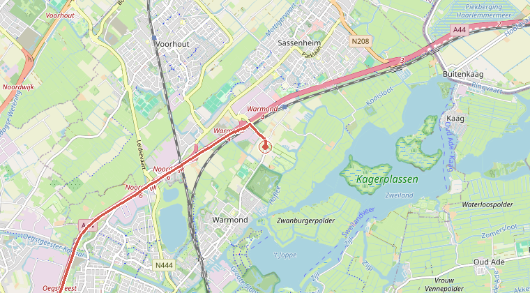 Kaart van de omgeving van de melding, met de kazerne die is gealarmeerd