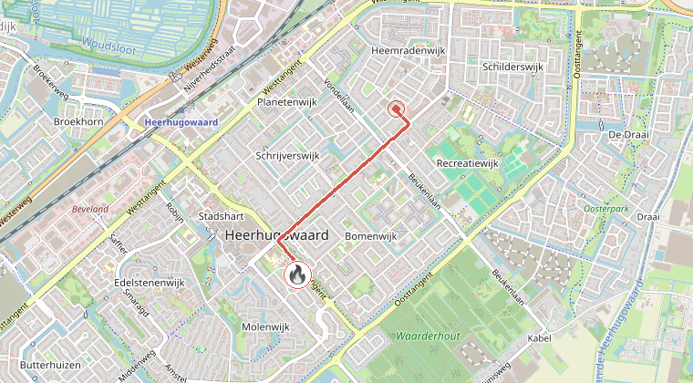 Kaart van de omgeving van de melding, met de kazerne die is gealarmeerd