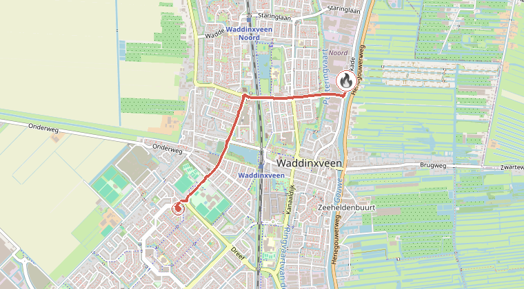 Kaart van de omgeving van de melding, met de kazerne die is gealarmeerd