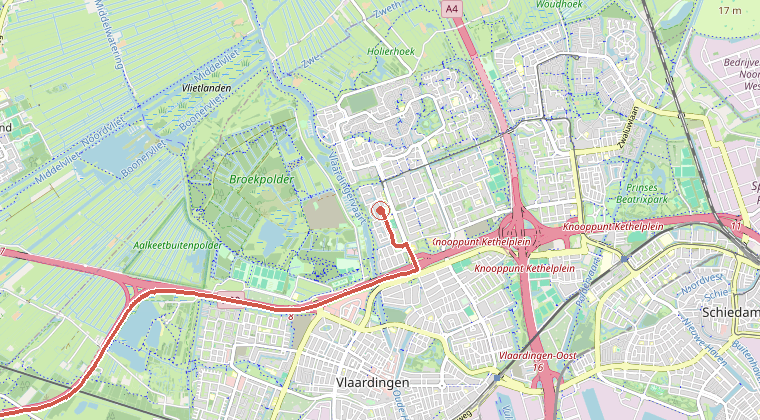 Kaart van de omgeving van de melding, met de kazerne die is gealarmeerd
