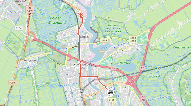Kaart van de omgeving van de melding, met de kazerne die is gealarmeerd