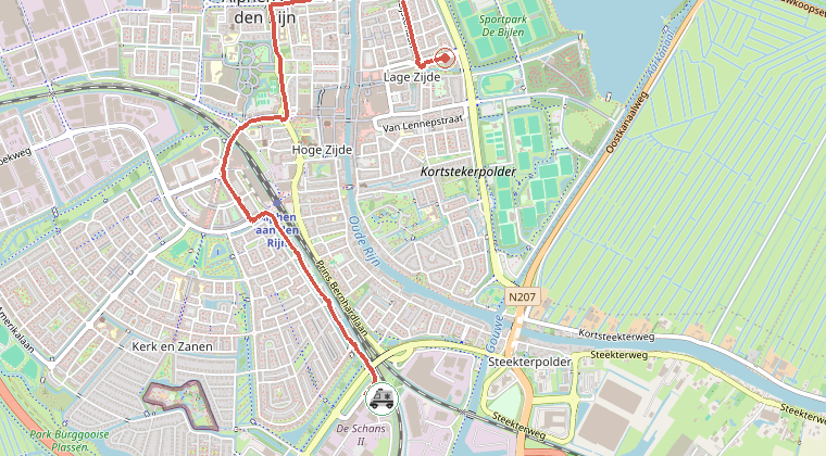 Kaart van de omgeving van de melding, met de kazerne die is gealarmeerd