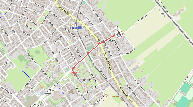 Kaart van de omgeving van de melding, met de kazerne die is gealarmeerd