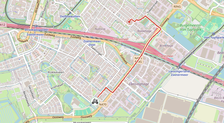 Kaart van de omgeving van de melding, met de kazerne die is gealarmeerd
