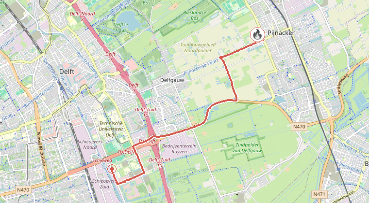 Kaart van de omgeving van de melding, met de kazerne die is gealarmeerd
