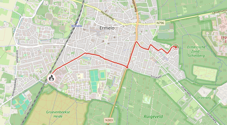 Kaart van de omgeving van de melding, met de kazerne die is gealarmeerd