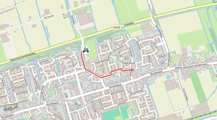Kaart van de omgeving van de melding, met de kazerne die is gealarmeerd