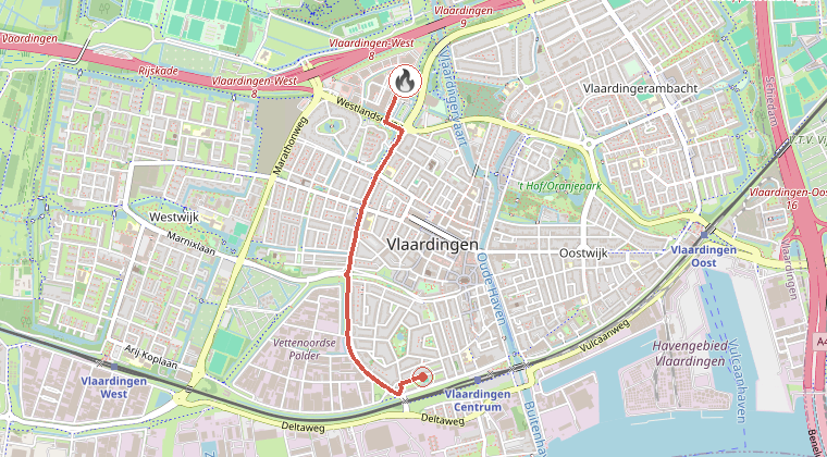 Kaart van de omgeving van de melding, met de kazerne die is gealarmeerd