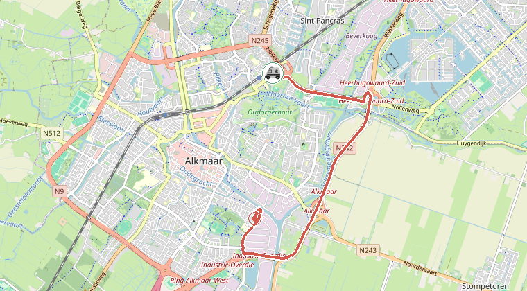 Kaart van de omgeving van de melding, met de kazerne die is gealarmeerd