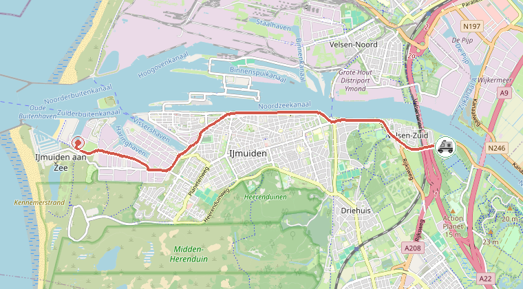 Kaart van de omgeving van de melding, met de kazerne die is gealarmeerd