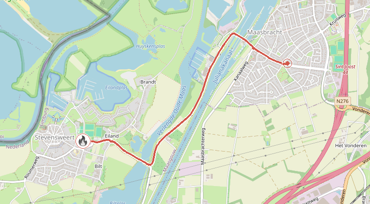 Kaart van de omgeving van de melding, met de kazerne die is gealarmeerd