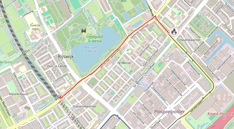 Kaart van de omgeving van de melding, met de kazerne die is gealarmeerd