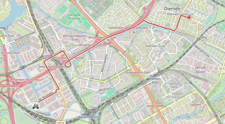 Kaart van de omgeving van de melding, met de kazerne die is gealarmeerd
