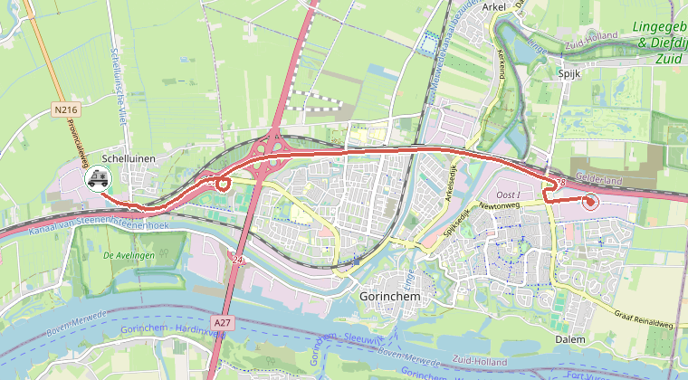 Kaart van de omgeving van de melding, met de kazerne die is gealarmeerd