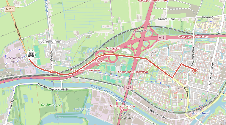 Kaart van de omgeving van de melding, met de kazerne die is gealarmeerd