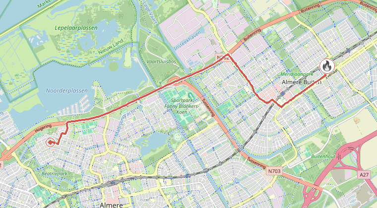 Kaart van de omgeving van de melding, met de kazerne die is gealarmeerd