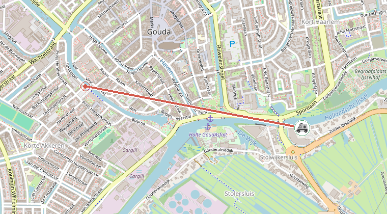 Kaart van de omgeving van de melding, met de kazerne die is gealarmeerd