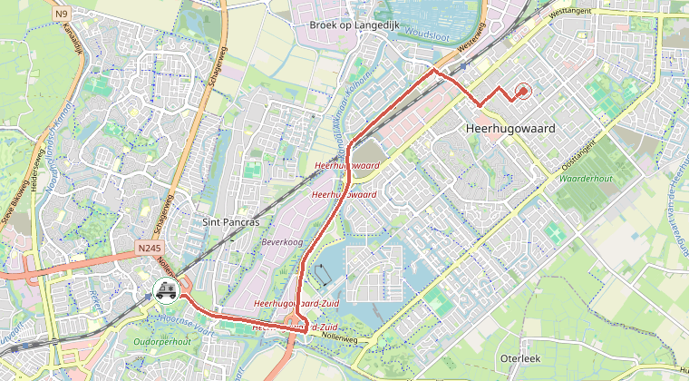 Kaart van de omgeving van de melding, met de kazerne die is gealarmeerd