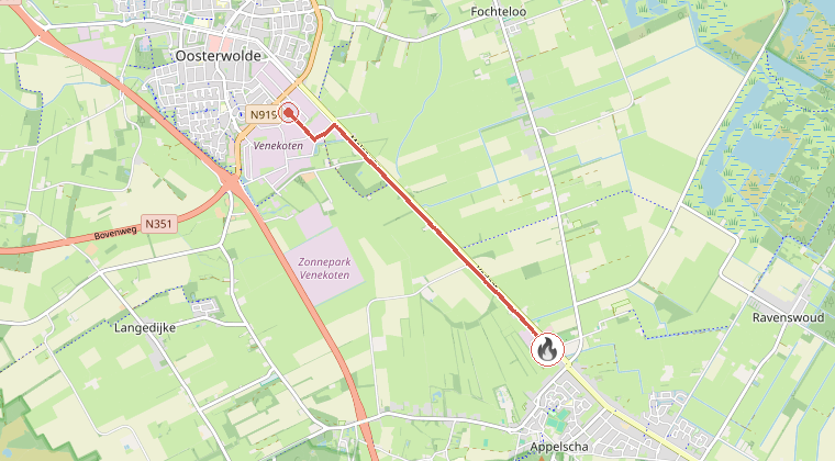 Kaart van de omgeving van de melding, met de kazerne die is gealarmeerd