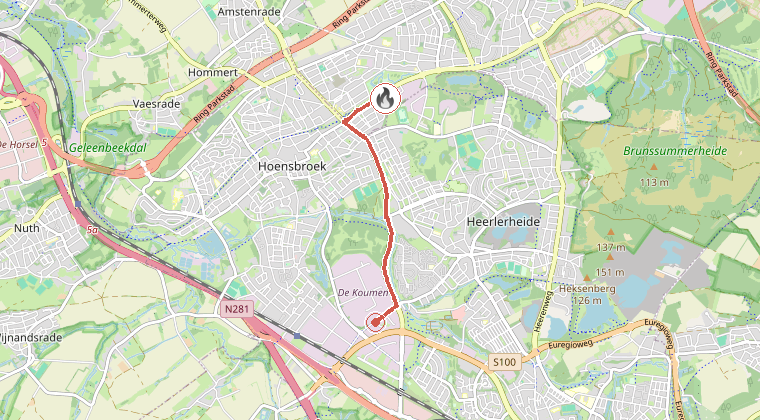 Kaart van de omgeving van de melding, met de kazerne die is gealarmeerd