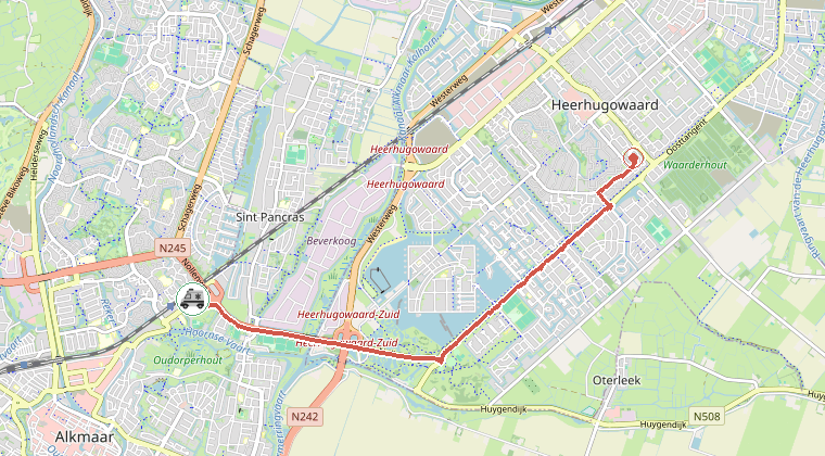 Kaart van de omgeving van de melding, met de kazerne die is gealarmeerd