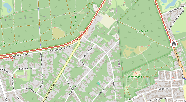 Kaart van de omgeving van de melding, met de kazerne die is gealarmeerd