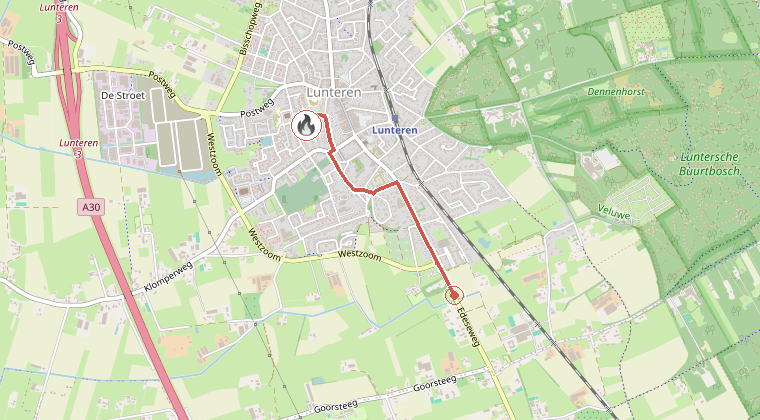 Kaart van de omgeving van de melding, met de kazerne die is gealarmeerd