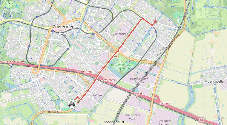 Kaart van de omgeving van de melding, met de kazerne die is gealarmeerd