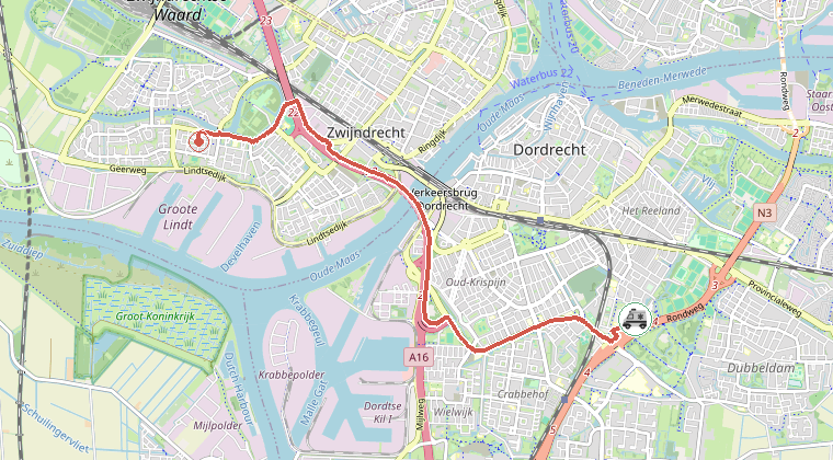 Kaart van de omgeving van de melding, met de kazerne die is gealarmeerd
