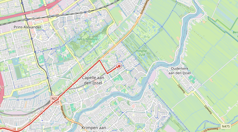Kaart van de omgeving van de melding, met de kazerne die is gealarmeerd