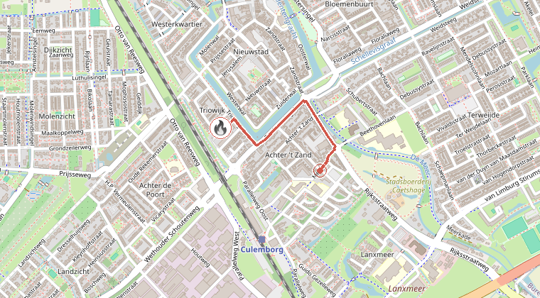 Kaart van de omgeving van de melding, met de kazerne die is gealarmeerd