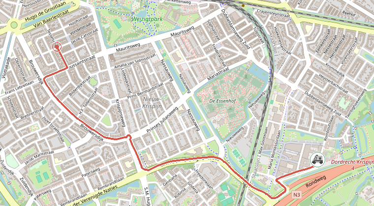 Kaart van de omgeving van de melding, met de kazerne die is gealarmeerd