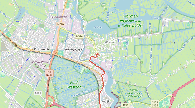 Kaart van de omgeving van de melding, met de kazerne die is gealarmeerd