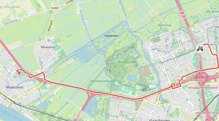 Kaart van de omgeving van de melding, met de kazerne die is gealarmeerd