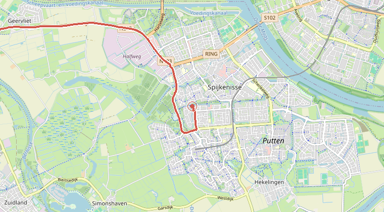Kaart van de omgeving van de melding, met de kazerne die is gealarmeerd