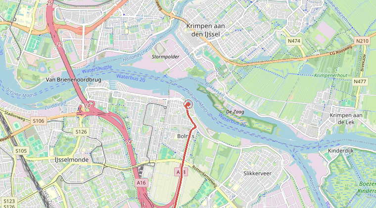 Kaart van de omgeving van de melding, met de kazerne die is gealarmeerd