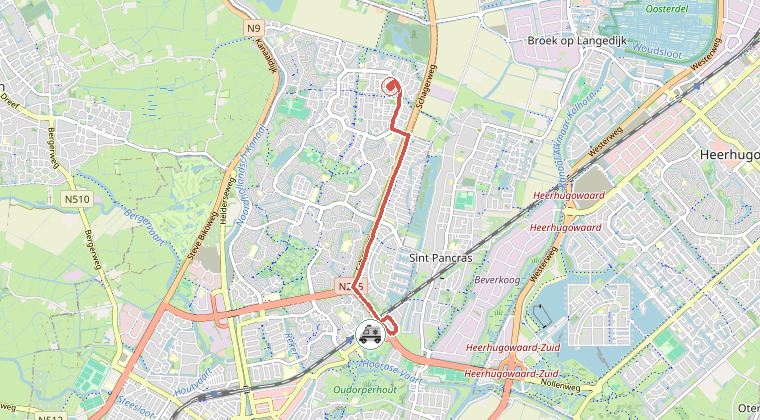 Kaart van de omgeving van de melding, met de kazerne die is gealarmeerd