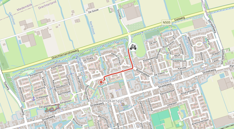 Kaart van de omgeving van de melding, met de kazerne die is gealarmeerd