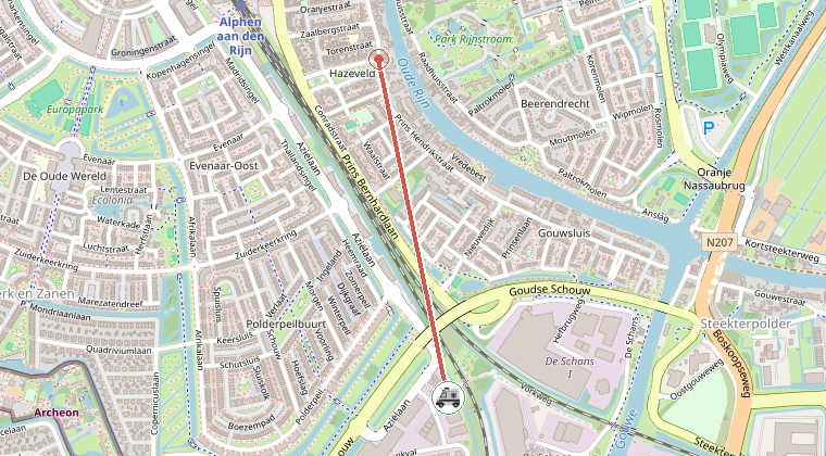 Kaart van de omgeving van de melding, met de kazerne die is gealarmeerd