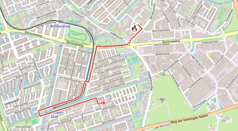 Kaart van de omgeving van de melding, met de kazerne die is gealarmeerd