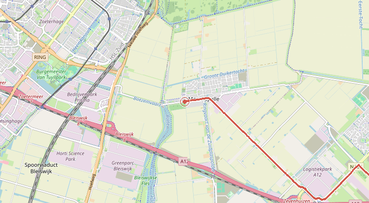 Kaart van de omgeving van de melding, met de kazerne die is gealarmeerd