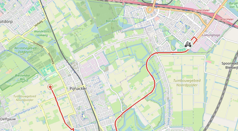Kaart van de omgeving van de melding, met de kazerne die is gealarmeerd