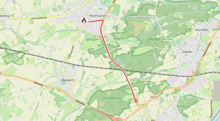 Kaart van de omgeving van de melding, met de kazerne die is gealarmeerd