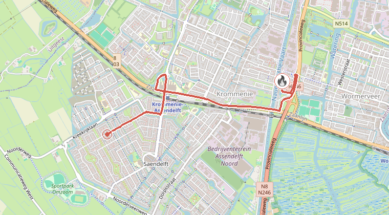 Kaart van de omgeving van de melding, met de kazerne die is gealarmeerd