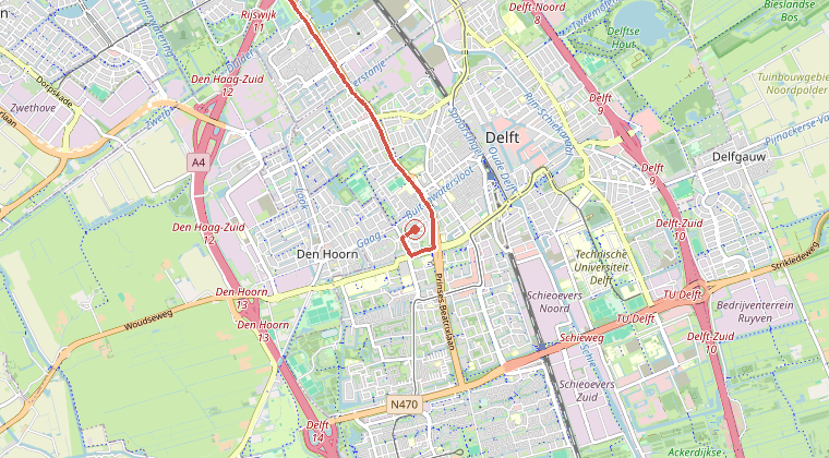 Kaart van de omgeving van de melding, met de kazerne die is gealarmeerd